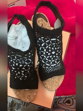 NIna Black Crochet Cork Wedge Sandals